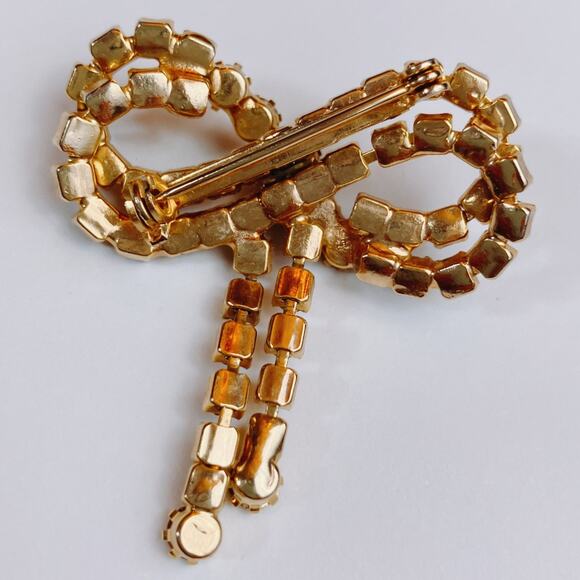 Vintage Mid Century Gold Tone Bow Brooch With Yellow Prong Set Rhinestones 1950s - Picture 9 of 9